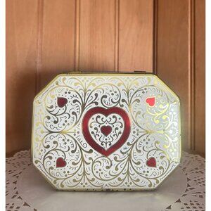 Vintage Octagonal Decorative Daher Biscuit Tin Box Hearts Hinged Lid Gold Red
